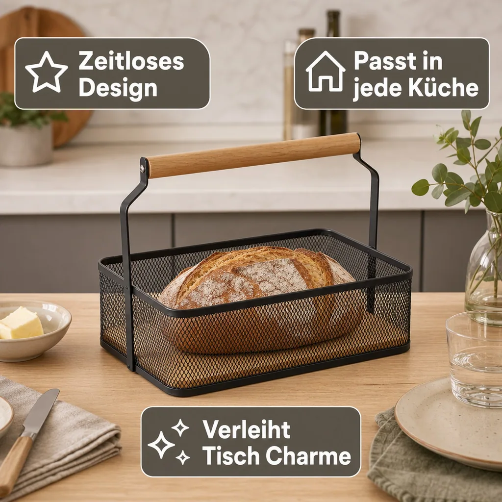 Brotkorb, Aufbewahrungskorb - mit Tragegriff, 23,5 x 15,6 x 7,5 cm, Farbe: schwarz