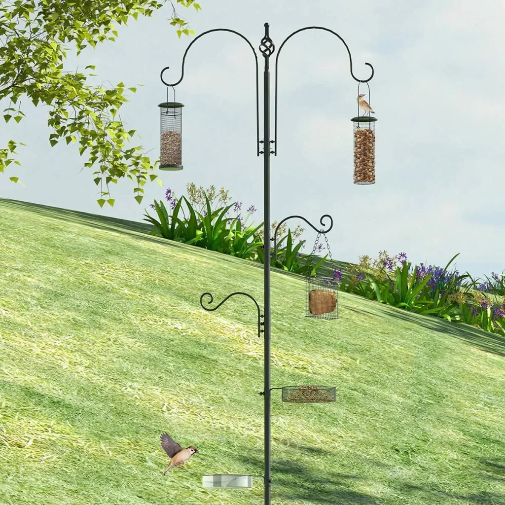 Vogel Futterstation Set aus Stahl Höhe 208 cm inkl. 4 Haken Vogeltränke Futterteller Vollständiges Futtersäulen Vogelfut
