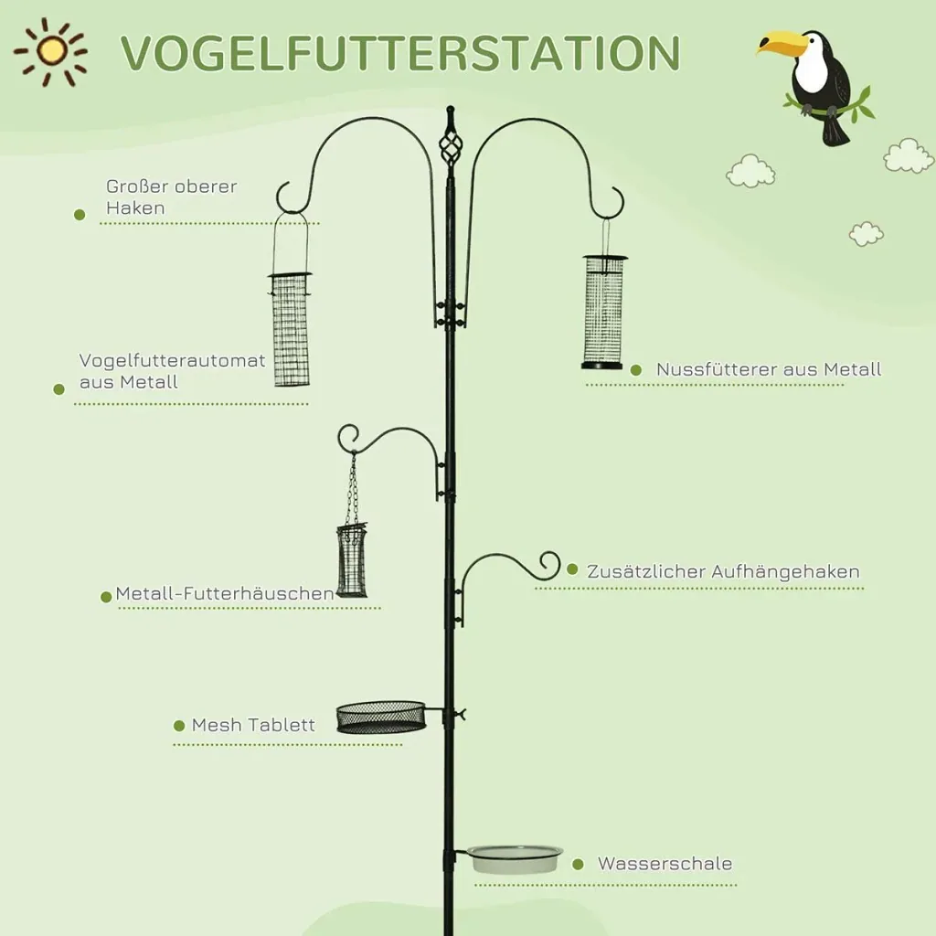 Vogel Futterstation Set aus Stahl Höhe 208 cm inkl. 4 Haken Vogeltränke Futterteller Vollständiges Futtersäulen Vogelfut