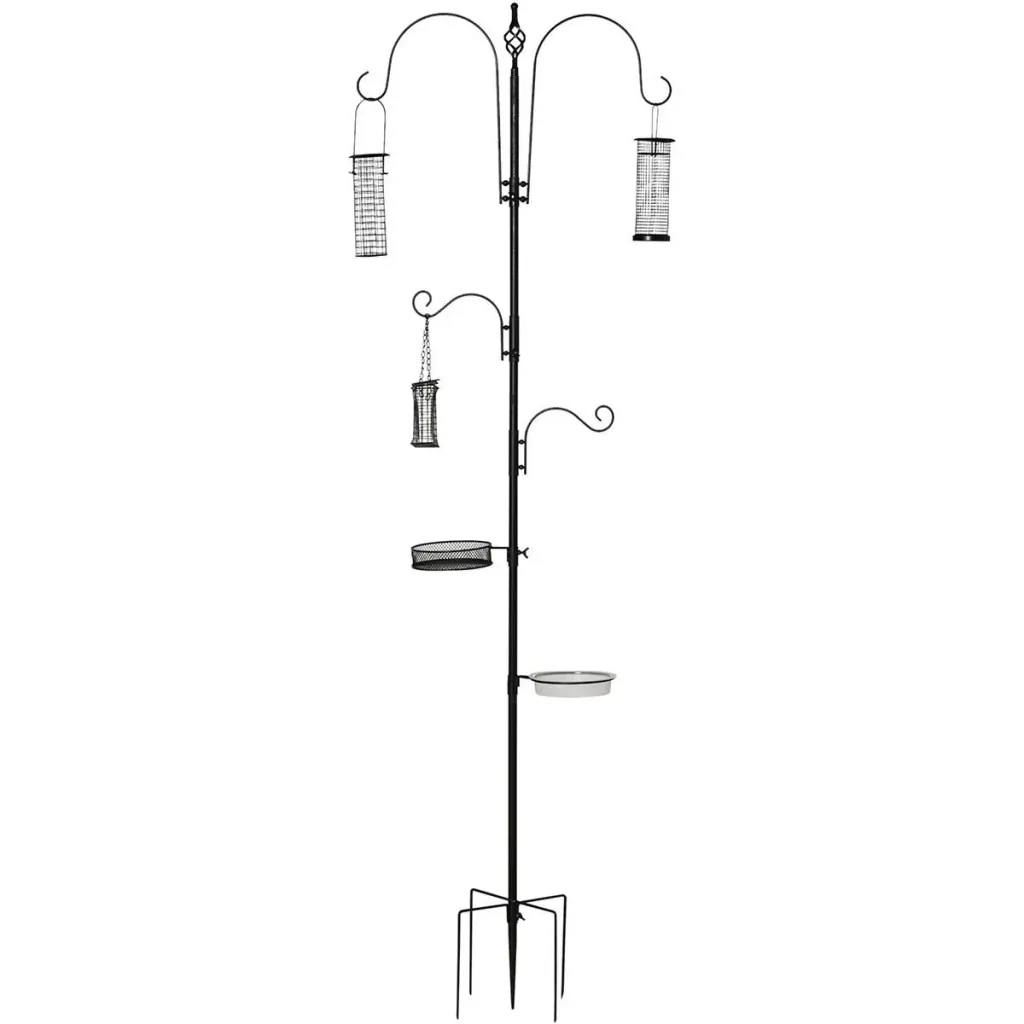 Vogel Futterstation Set aus Stahl Höhe 208 cm inkl. 4 Haken Vogeltränke Futterteller Vollständiges Futtersäulen Vogelfut