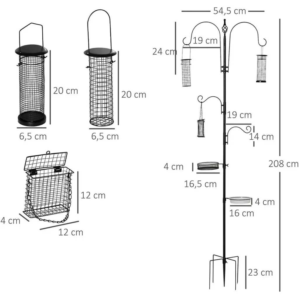 Vogel Futterstation Set aus Stahl Höhe 208 cm inkl. 4 Haken Vogeltränke Futterteller Vollständiges Futtersäulen Vogelfut