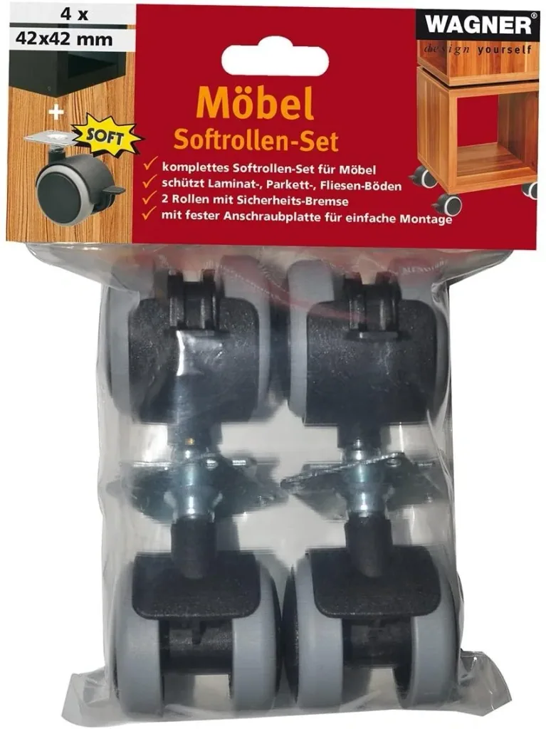 Möbelrollen/Doppelrollen 4 teilig - Ø 50 mm, Softlauffläche, Platte 42 x 42 cm, 2 mit Feststeller, Tragkraft 50 kg/Rolle
