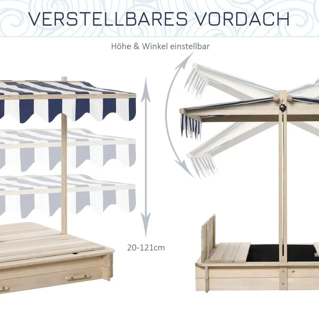 Sandkasten mit Dach abnehmbar Rücklehnen verstellbar Tannenholz 3-7 Jahren 106 x 106 x 121 cm Natur