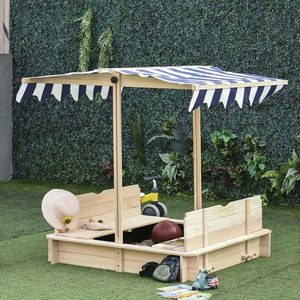 Sandkasten mit Dach abnehmbar Rücklehnen verstellbar Tannenholz 3-7 Jahren 106 x 106 x 121 cm Natur