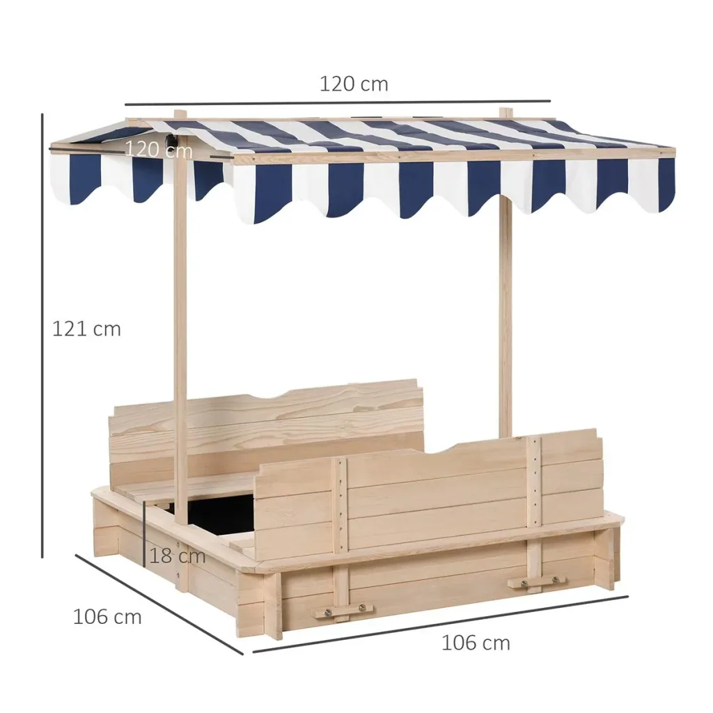 Sandkasten mit Dach abnehmbar Rücklehnen verstellbar Tannenholz 3-7 Jahren 106 x 106 x 121 cm Natur