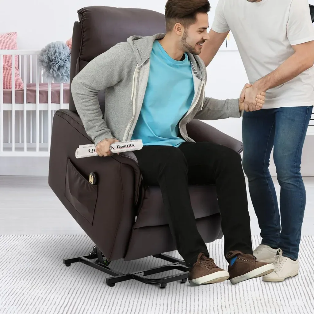Aufstehsessel Fernsehsessel mit Aufstehhilfe elektrisch Liegefunktion Kunstleder Braun, 80 x 94 x 104 cm