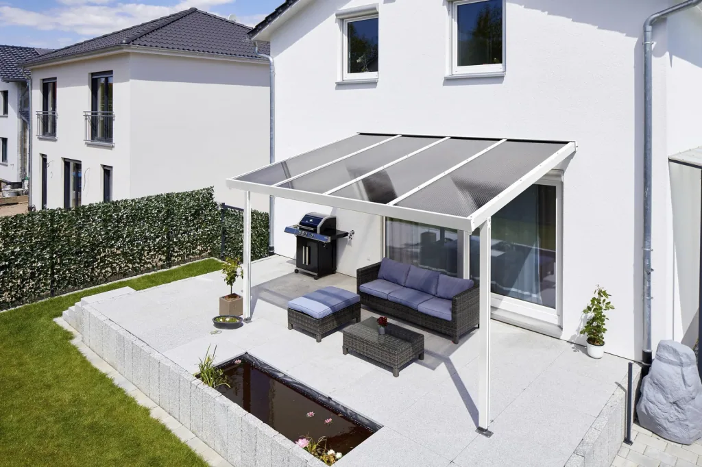 Terrassendach Premium, weiß, 4102 x 3060 mm - Polycarbonat Stegplatten 16 mm, bronze