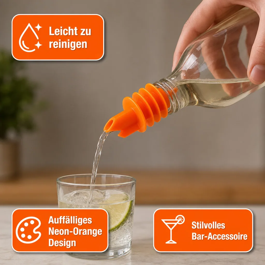 Ausgießer, Flaschenausgießer, Schnaps Dosierer für Flaschen Billy Neon Orange - für fast alle Flaschengrößen von 0,5 - 1,5 Liter Flaschen, 1 Stück