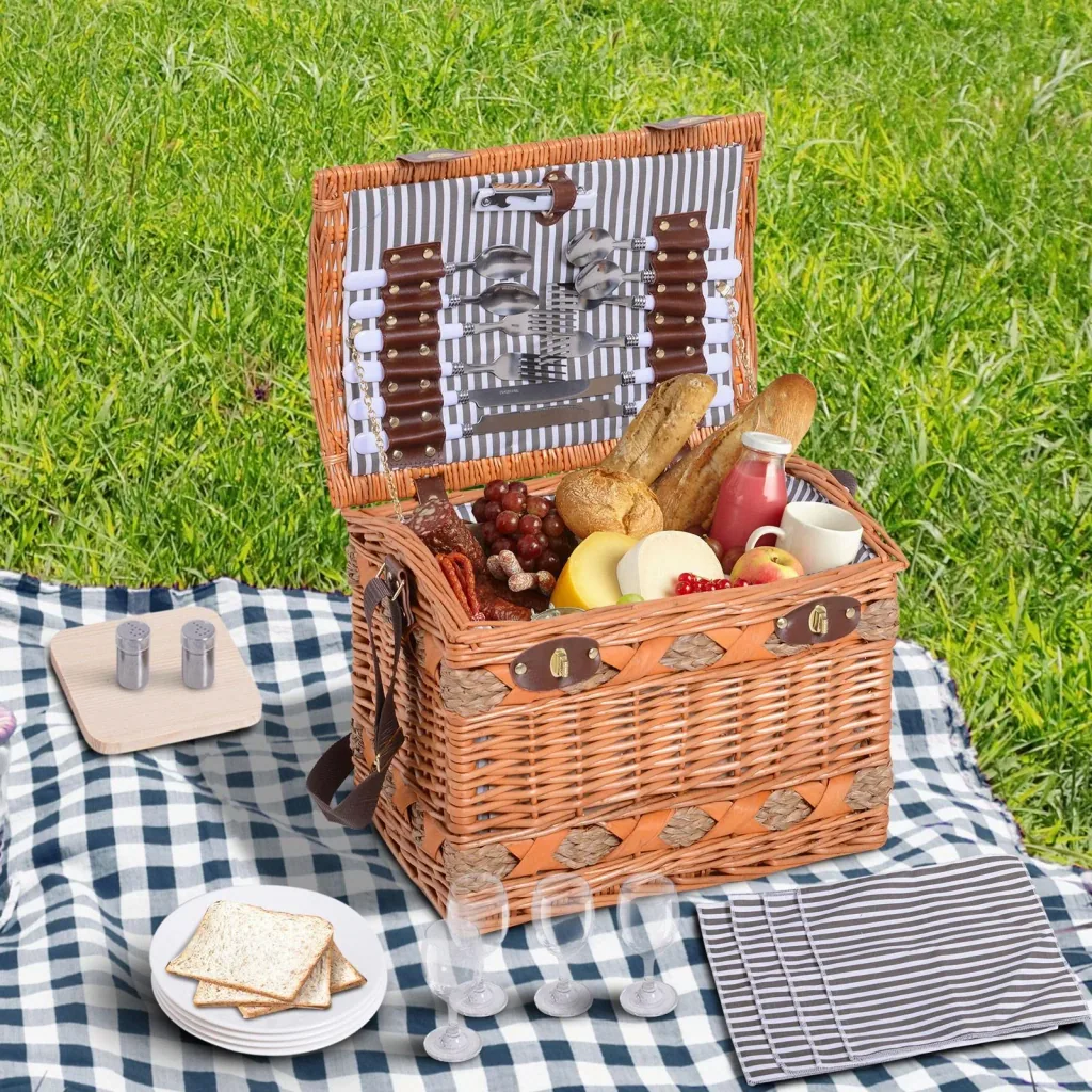 Picknickkorb für 4 Personen Picknickkoffer Picknickset Weidenkorb mit Käsebrett Utensilien Glas