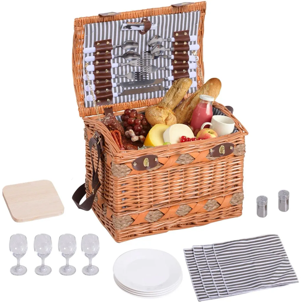 Picknickkorb für 4 Personen Picknickkoffer Picknickset Weidenkorb mit Käsebrett Utensilien Glas