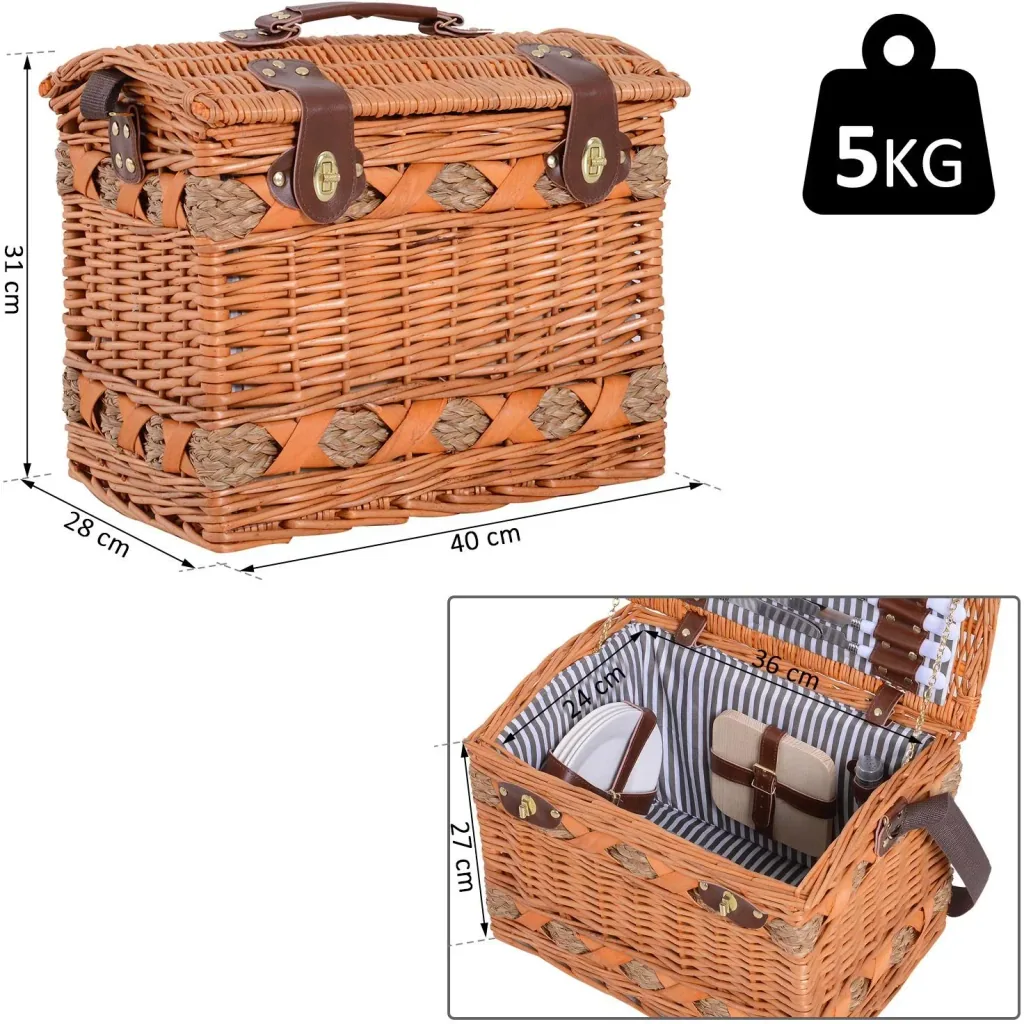 Picknickkorb für 4 Personen Picknickkoffer Picknickset Weidenkorb mit Käsebrett Utensilien Glas