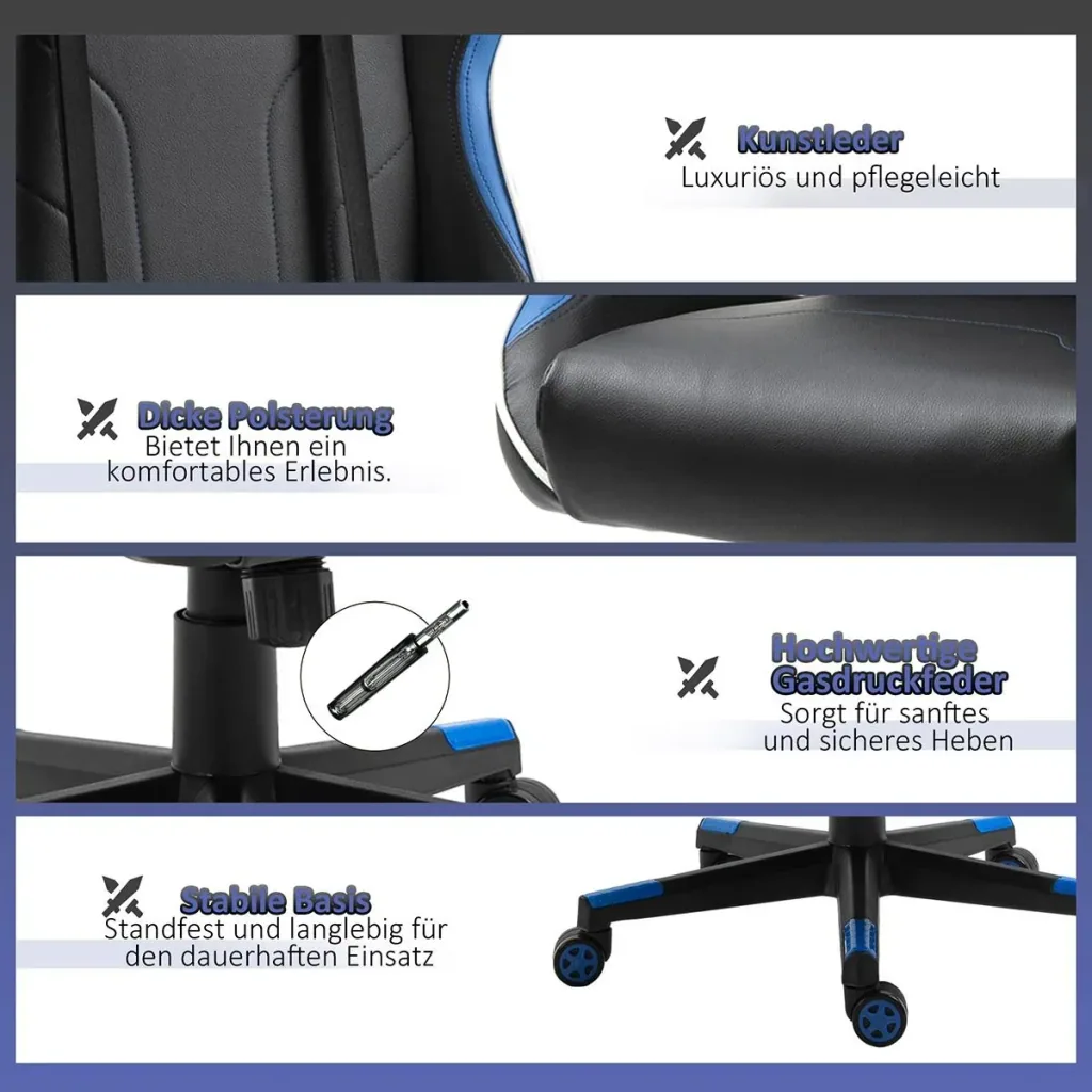 Gamingstuhl ergonomisch geformt Blau, Schwarz