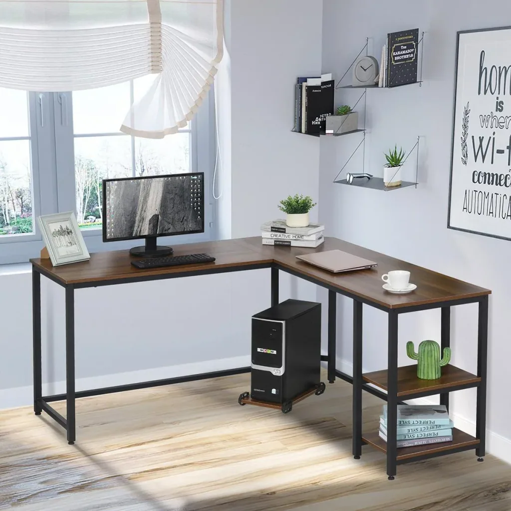 Computertisch, L-förmiger Eckschreibtisch, Schreibtisch, Bürotisch, MDF+Stahl, Walnussfarbe+Schwarz, 150 x 150 x 76 cm
