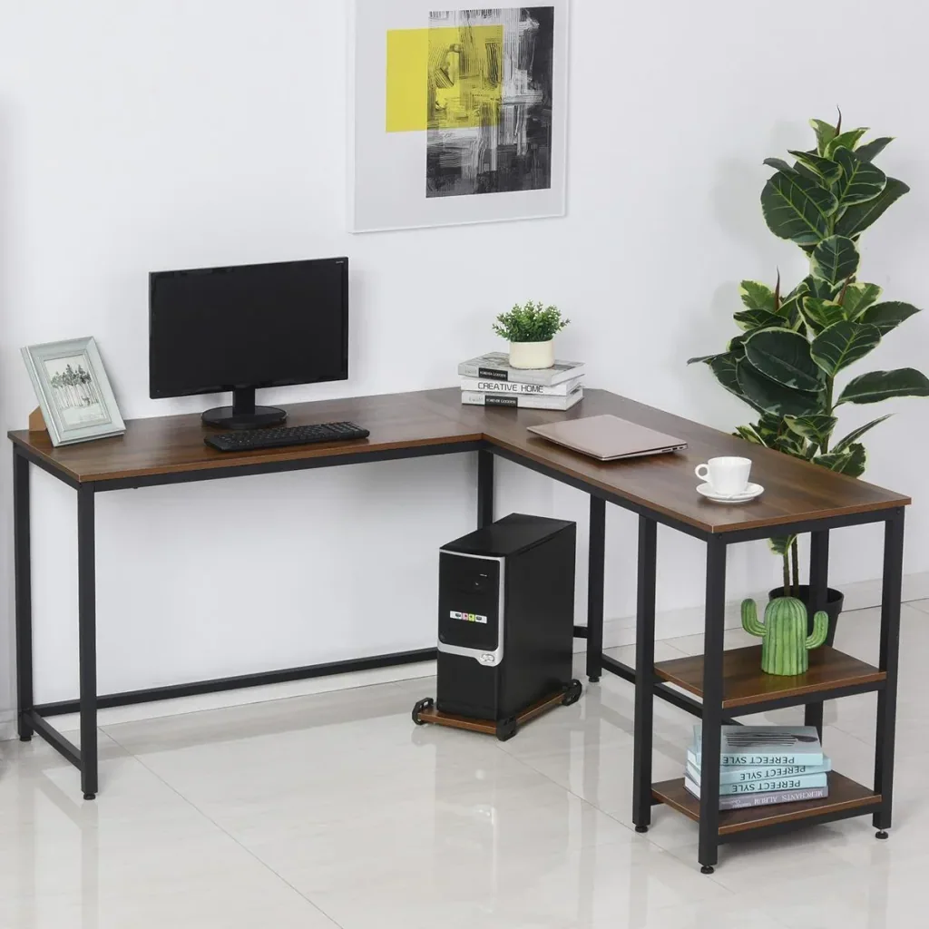 Computertisch, L-förmiger Eckschreibtisch, Schreibtisch, Bürotisch, MDF+Stahl, Walnussfarbe+Schwarz, 150 x 150 x 76 cm