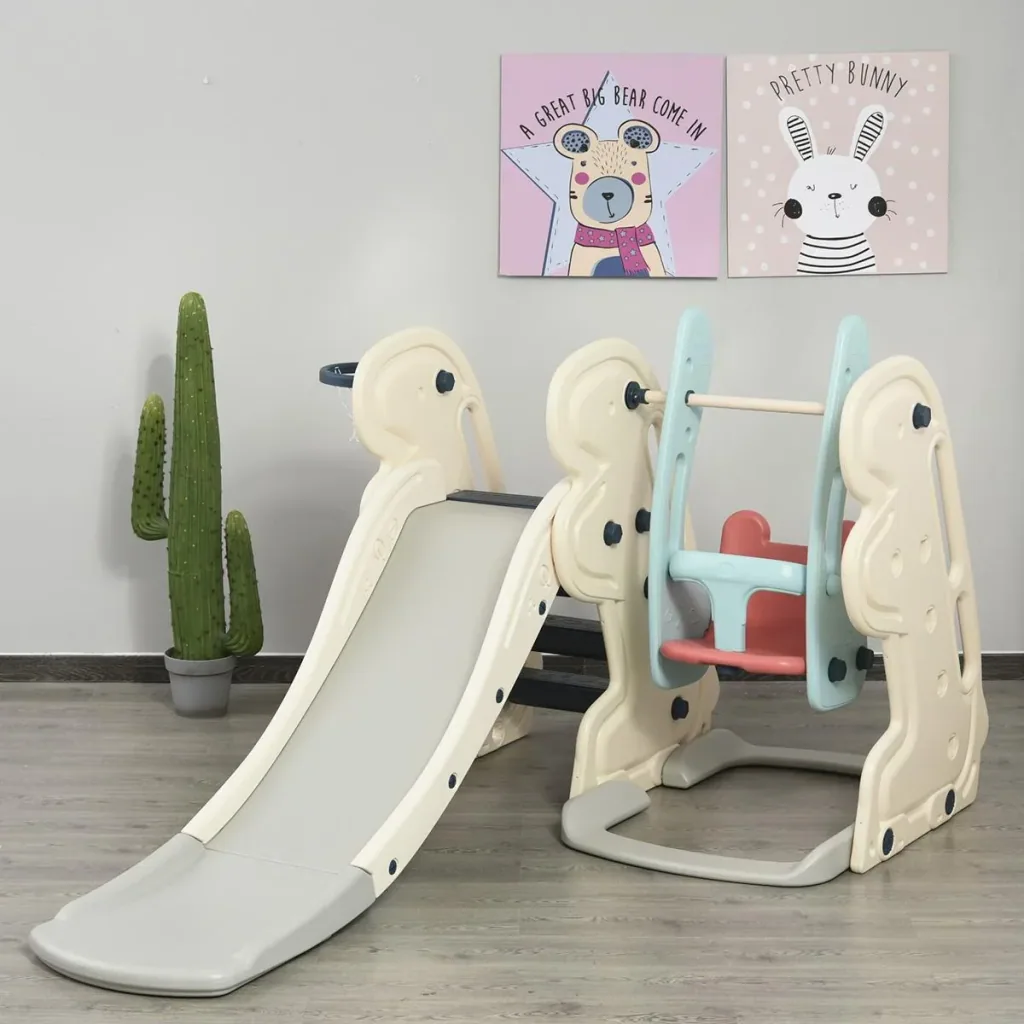 3-in-1 Kinderrutsche Kinder Rutsche mit Basketballkorb, Schaukel, Leiter Spielzeug Slide Gartenrutsche Babyrutsch für 1-