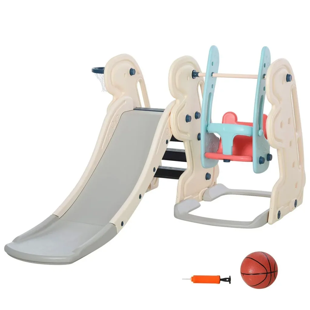 3-in-1 Kinderrutsche Kinder Rutsche mit Basketballkorb, Schaukel, Leiter Spielzeug Slide Gartenrutsche Babyrutsch für 1-