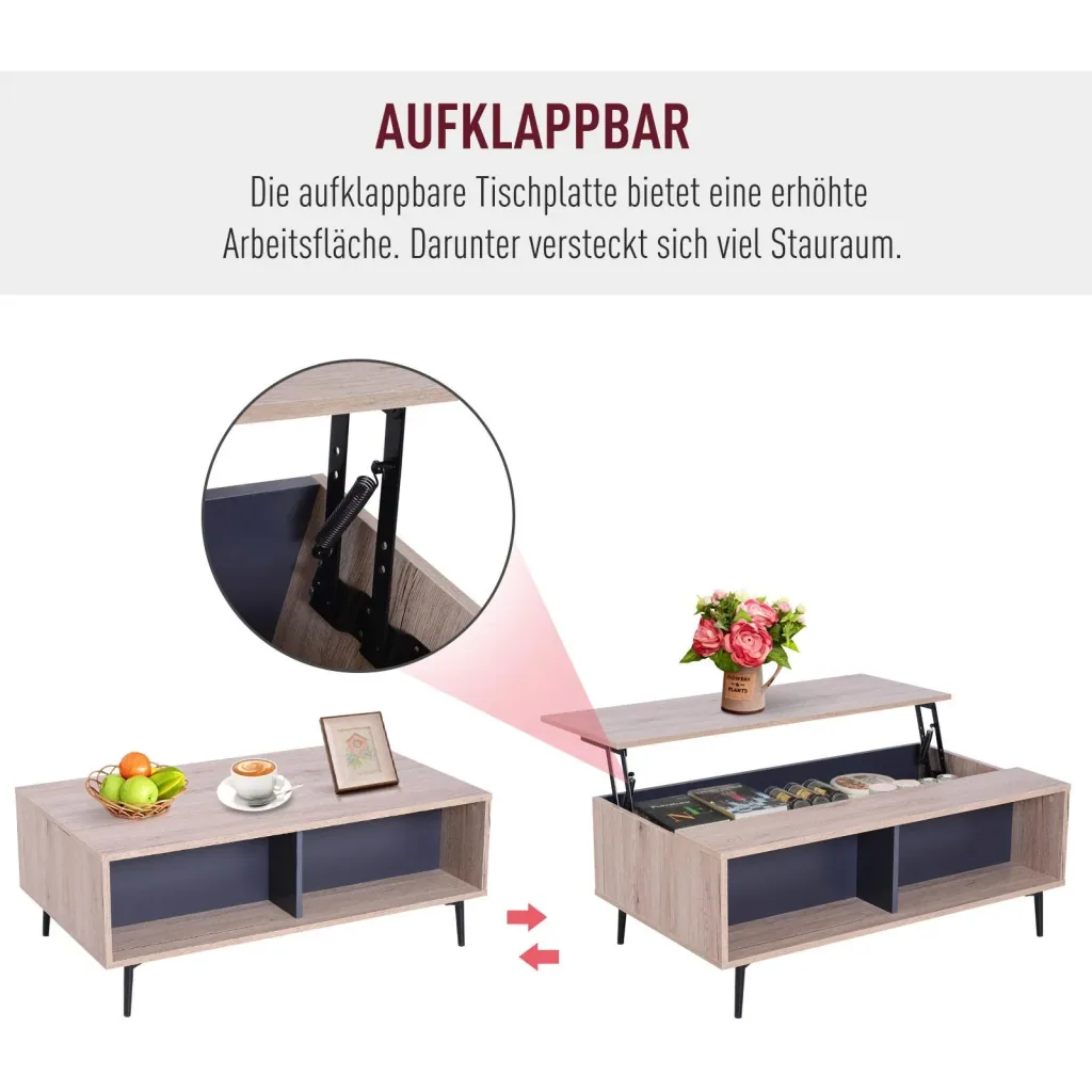 Beistelltisch Couchtisch Tischplatte höhenverstellbar ausklappbar mit Regal Staufach Holz 100 x 58 x (39,3 52,7) cm