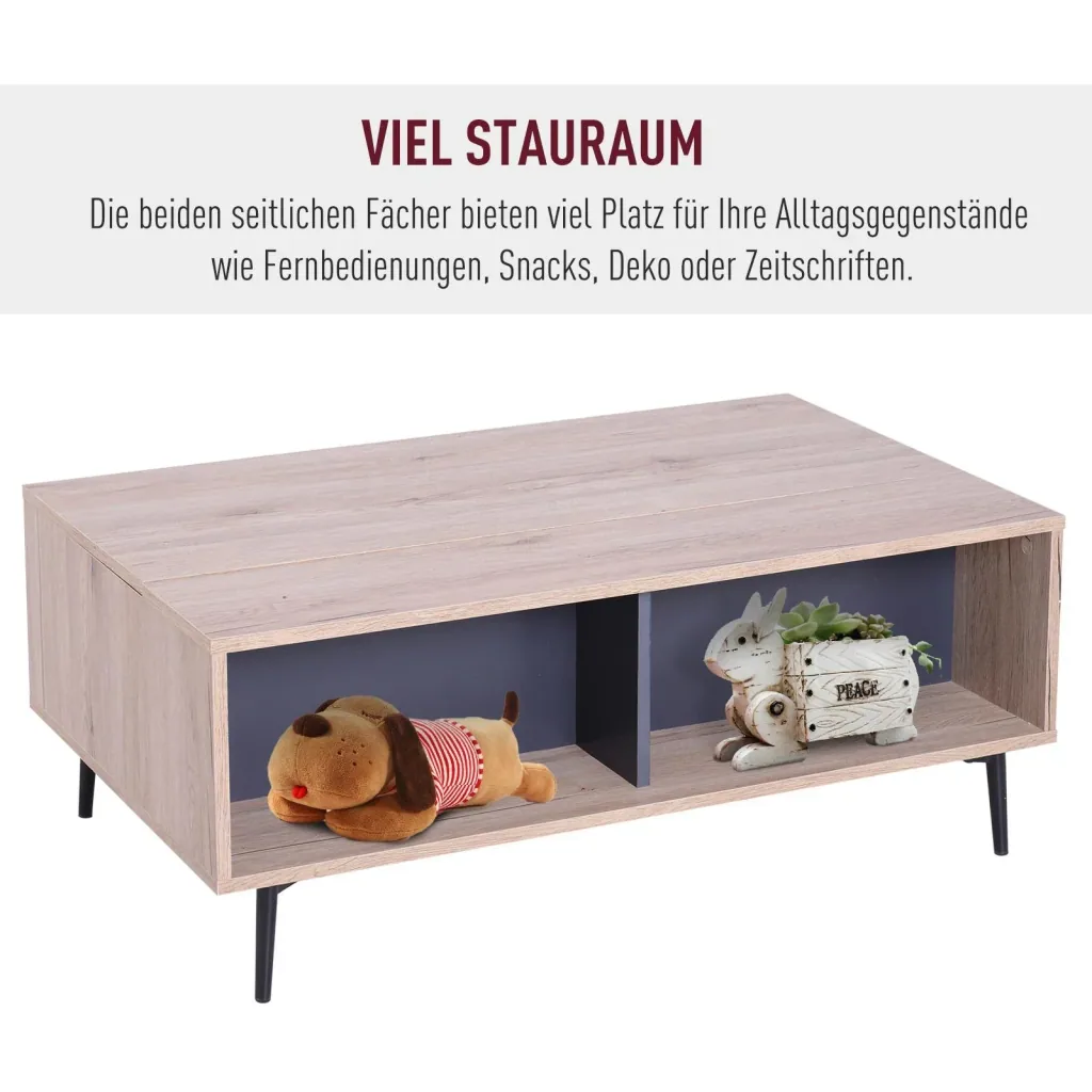 Beistelltisch Couchtisch Tischplatte höhenverstellbar ausklappbar mit Regal Staufach Holz 100 x 58 x (39,3 52,7) cm