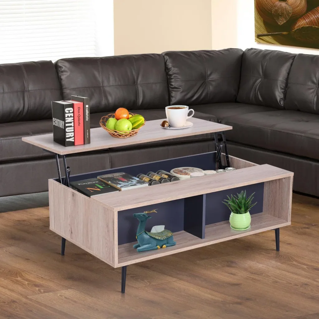 Beistelltisch Couchtisch Tischplatte höhenverstellbar ausklappbar mit Regal Staufach Holz 100 x 58 x (39,3 52,7) cm
