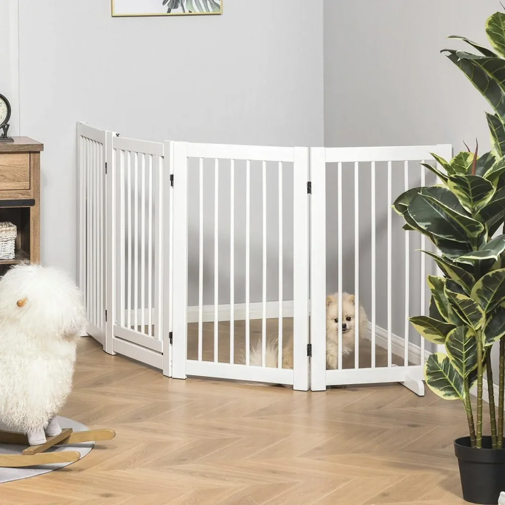 Schutzgitter für Tiere freistehende Sicherheitsgitter faltbar Hund mit 2 Stützfüße für Tier & Treppe Weiß 75 cm 4 Stücke