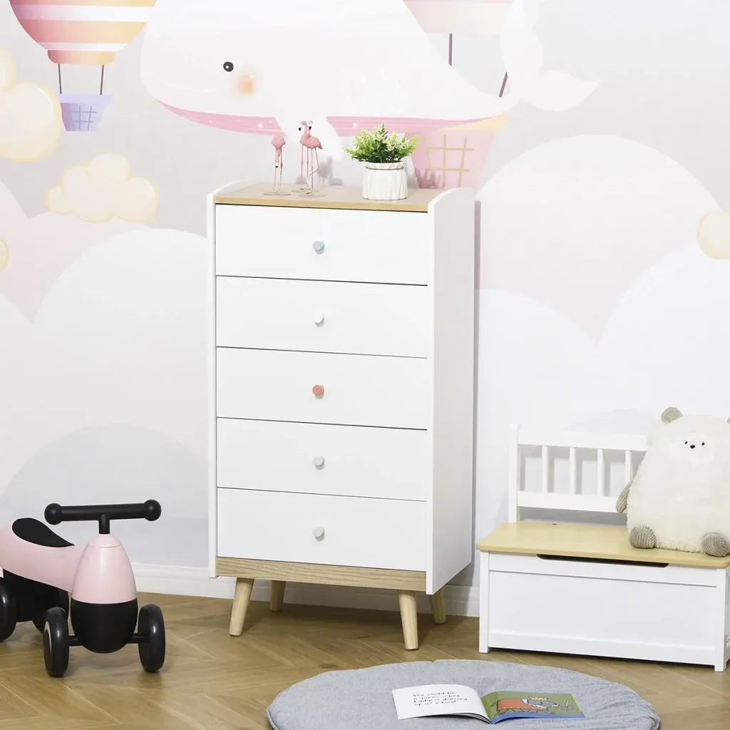 Kinder Kommode mit 5 Schubladen Griff Schubladenschrank für Kinder ab 3 Jahren Kinderschrank mit Antikippvorrichtung Kie
