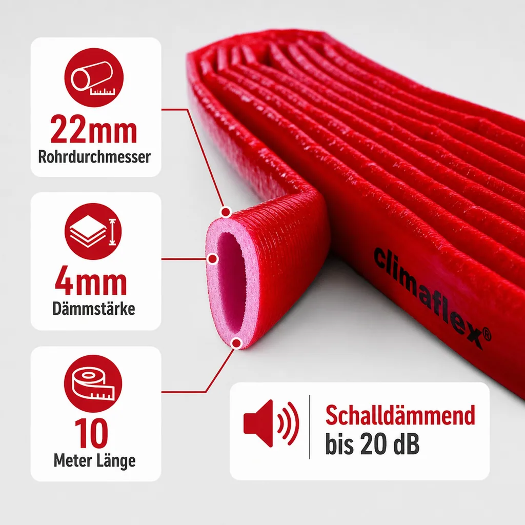 Rohrisolierung 22mm, Heizungsrohr Isolierung, 10m, rot
