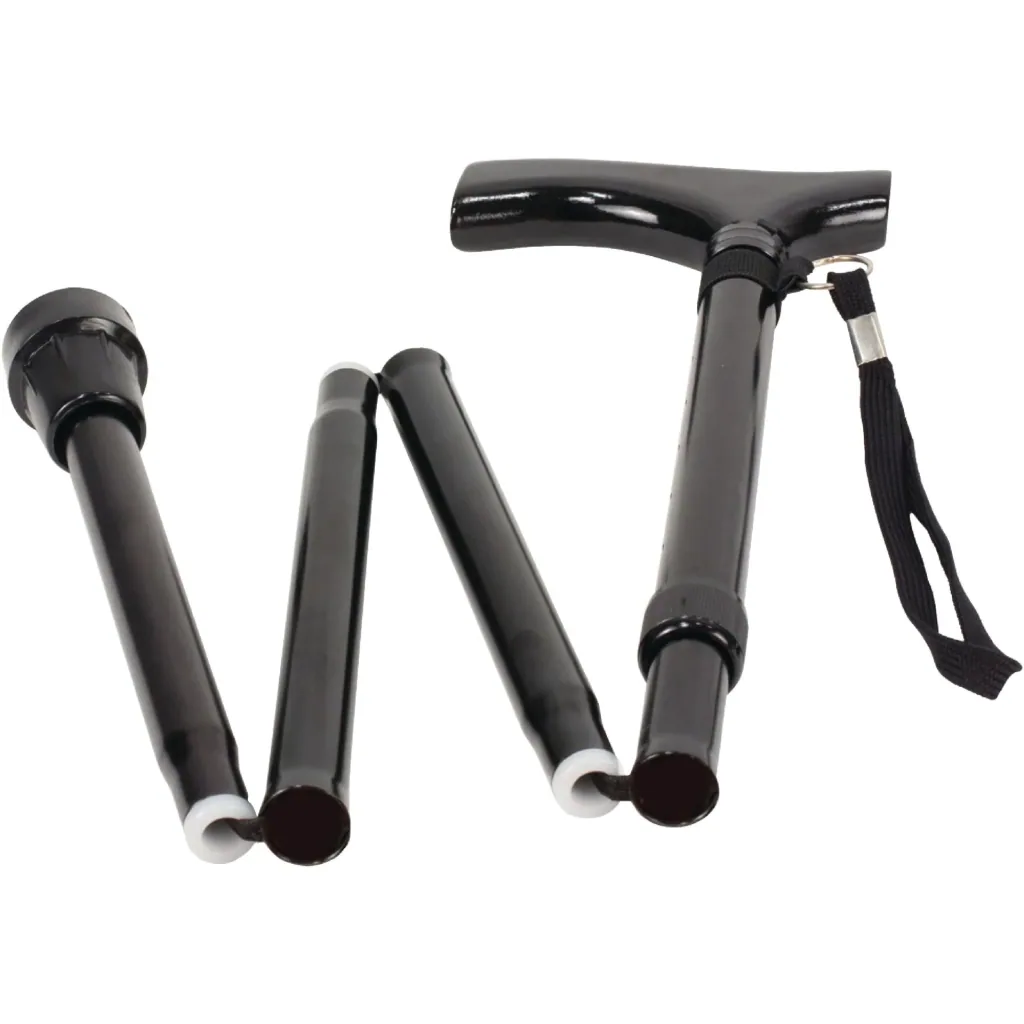 Klappbarer Gehstock für Senioren, zusammenklappbarer Spazierstock für ältere Menschen, leichtes Aluminium, ergonomischer Holzgriff, verstellbar 82–92 cm, rutschfeste Spitze, Handschlaufe, Tragetasche, Gehhilfe schwarz