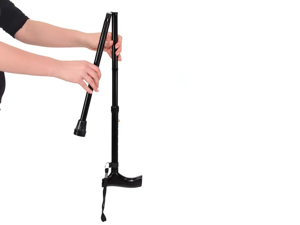 Klappbarer Gehstock für Senioren, zusammenklappbarer Spazierstock für ältere Menschen, leichtes Aluminium, ergonomischer Holzgriff, verstellbar 82–92 cm, rutschfeste Spitze, Handschlaufe, Tragetasche, Gehhilfe schwarz