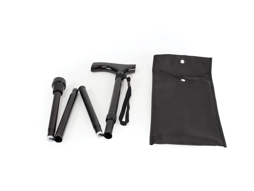 Klappbarer Gehstock für Senioren, zusammenklappbarer Spazierstock für ältere Menschen, leichtes Aluminium, ergonomischer Holzgriff, verstellbar 82–92 cm, rutschfeste Spitze, Handschlaufe, Tragetasche, Gehhilfe schwarz
