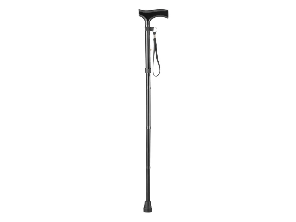 Klappbarer Gehstock für Senioren, zusammenklappbarer Spazierstock für ältere Menschen, leichtes Aluminium, ergonomischer Holzgriff, verstellbar 82–92 cm, rutschfeste Spitze, Handschlaufe, Tragetasche, Gehhilfe schwarz