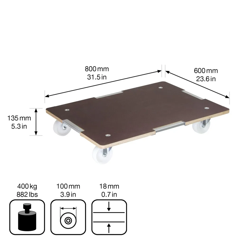 Transporthilfe MM 1379, 80 x 60 x 13,5 cm, harte Rollen Ø 100 mm, Rollenlager, Platte Maxigrip FSC®, Tragkraft 400 kg