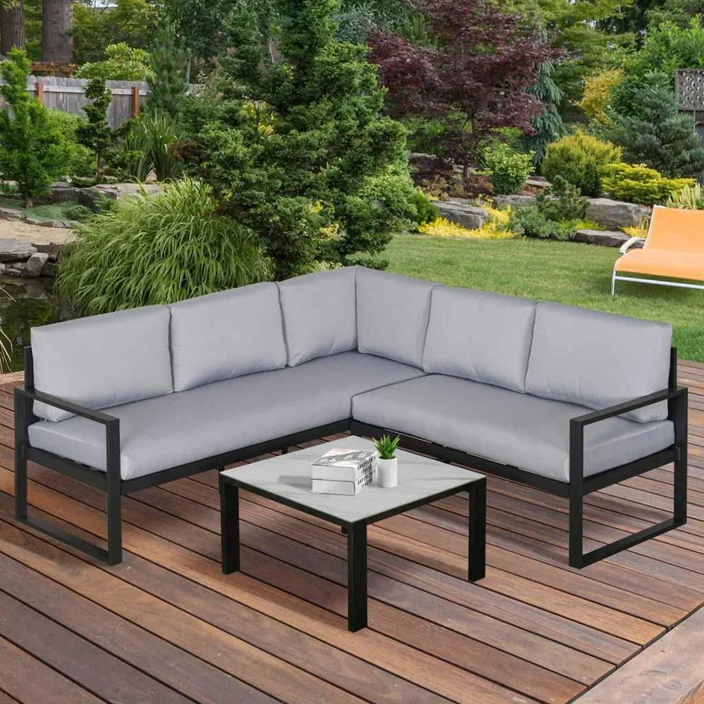 3-tlg. Gartengarnitur Gartenmöbel-Set Gartenset Sitzgruppe mit Couchtisch Sofa mit Kissen Outdoor Aluminium Grau