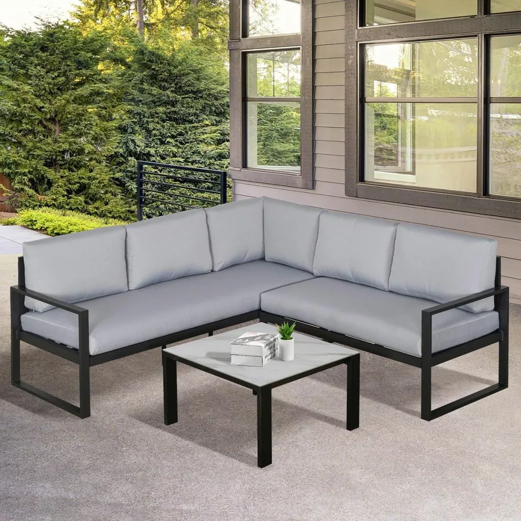 3-tlg. Gartengarnitur Gartenmöbel-Set Gartenset Sitzgruppe mit Couchtisch Sofa mit Kissen Outdoor Aluminium Grau