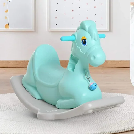 Schaukelpferd Kinder Schaukeltier Kinderschaukel Reiten mit Glocke Grün L79 x B50 x H39 cm