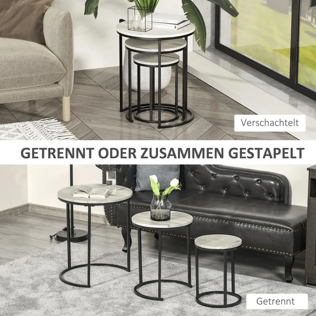 Beistelltische 3er-Set Satztisch stapelbar Kaffeetisch 3 Größen Industrial Design Metall Schwarz+Grau