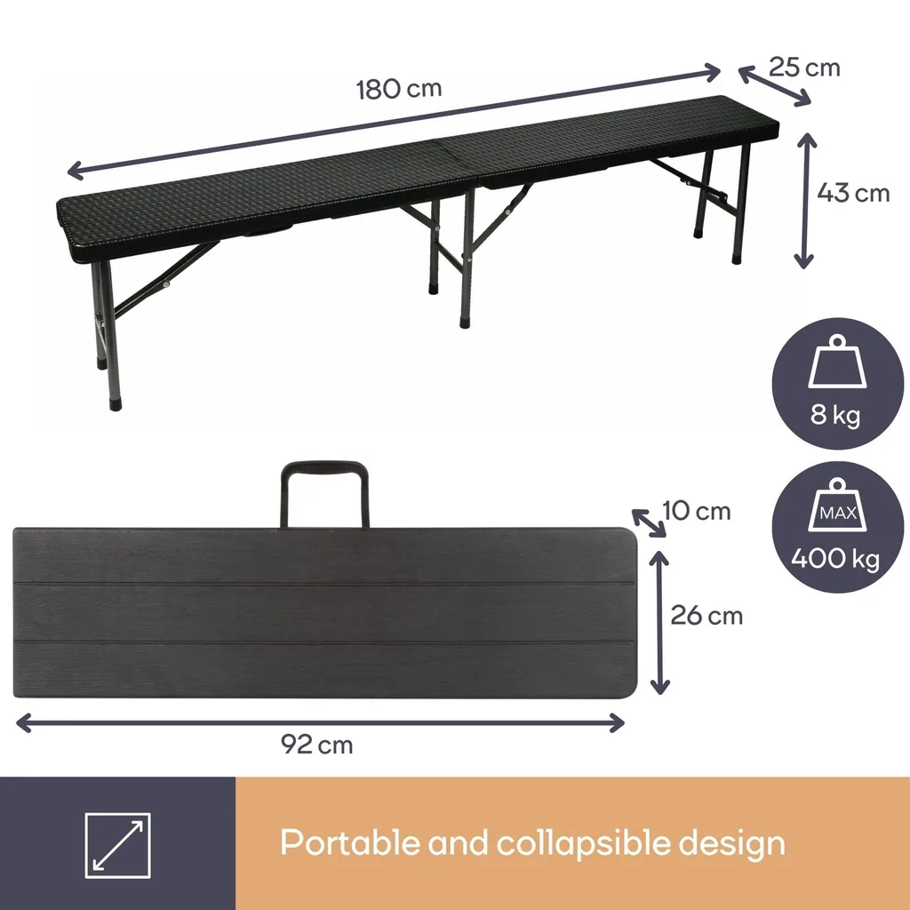 klappbank - in rattan-optik - 180 x 25 x 43 cm