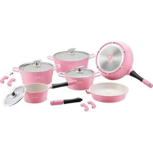 14 Stück Marmorbeschichtetes Kochgeschirr - Pink