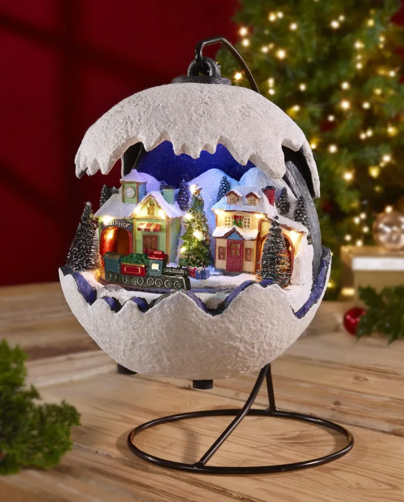 Weihnachtskugel 2021 mit fahrendem Zug, LED Licht und Musik