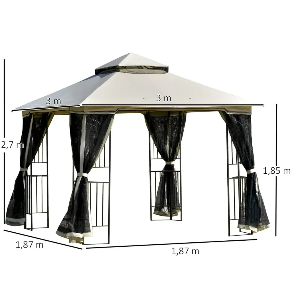 Gartenpavillon mit Doppeldach Pavillon Gartenzelt Festzelt Partyzelt mit 4 x Seitenwand Metall+Polyester Beige 3 x 3 x 2