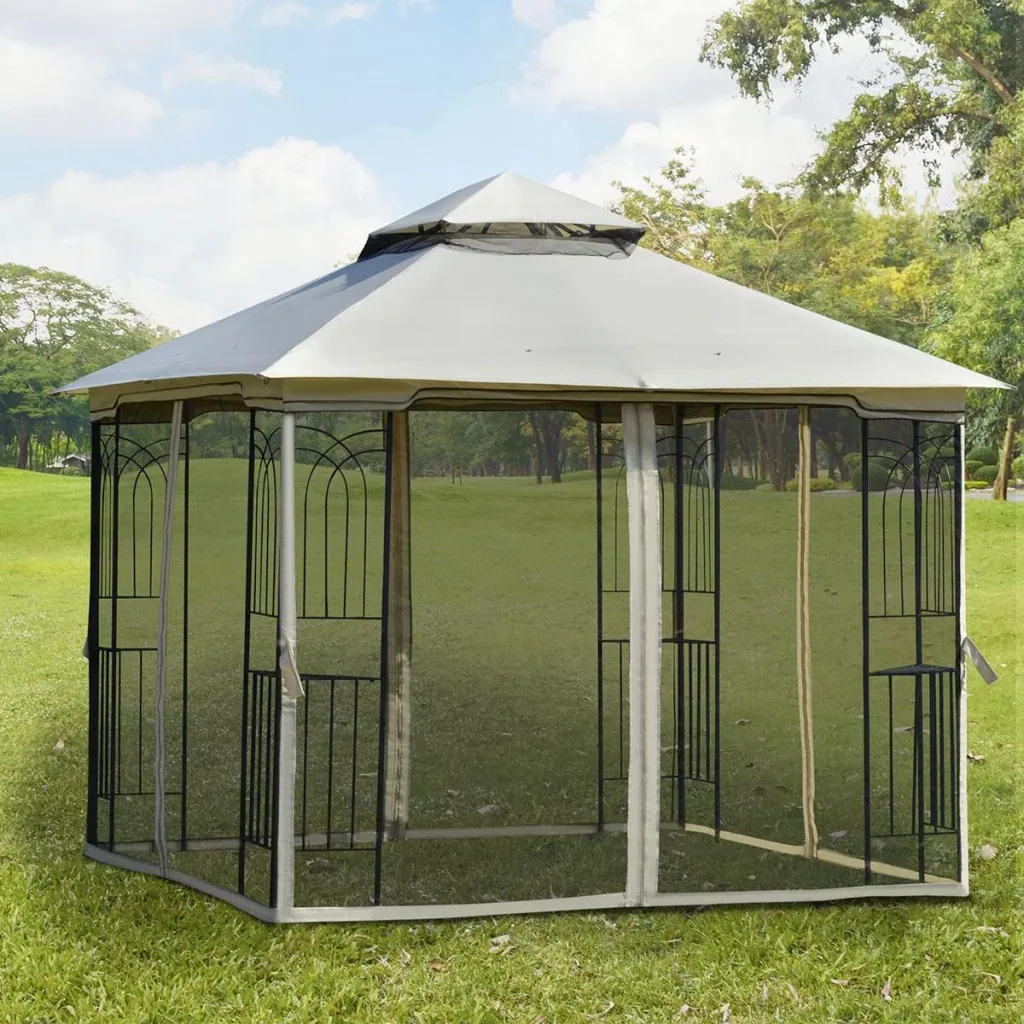 Gartenpavillon mit Doppeldach Pavillon Gartenzelt Festzelt Partyzelt mit 4 x Seitenwand Metall+Polyester Beige 3 x 3 x 2