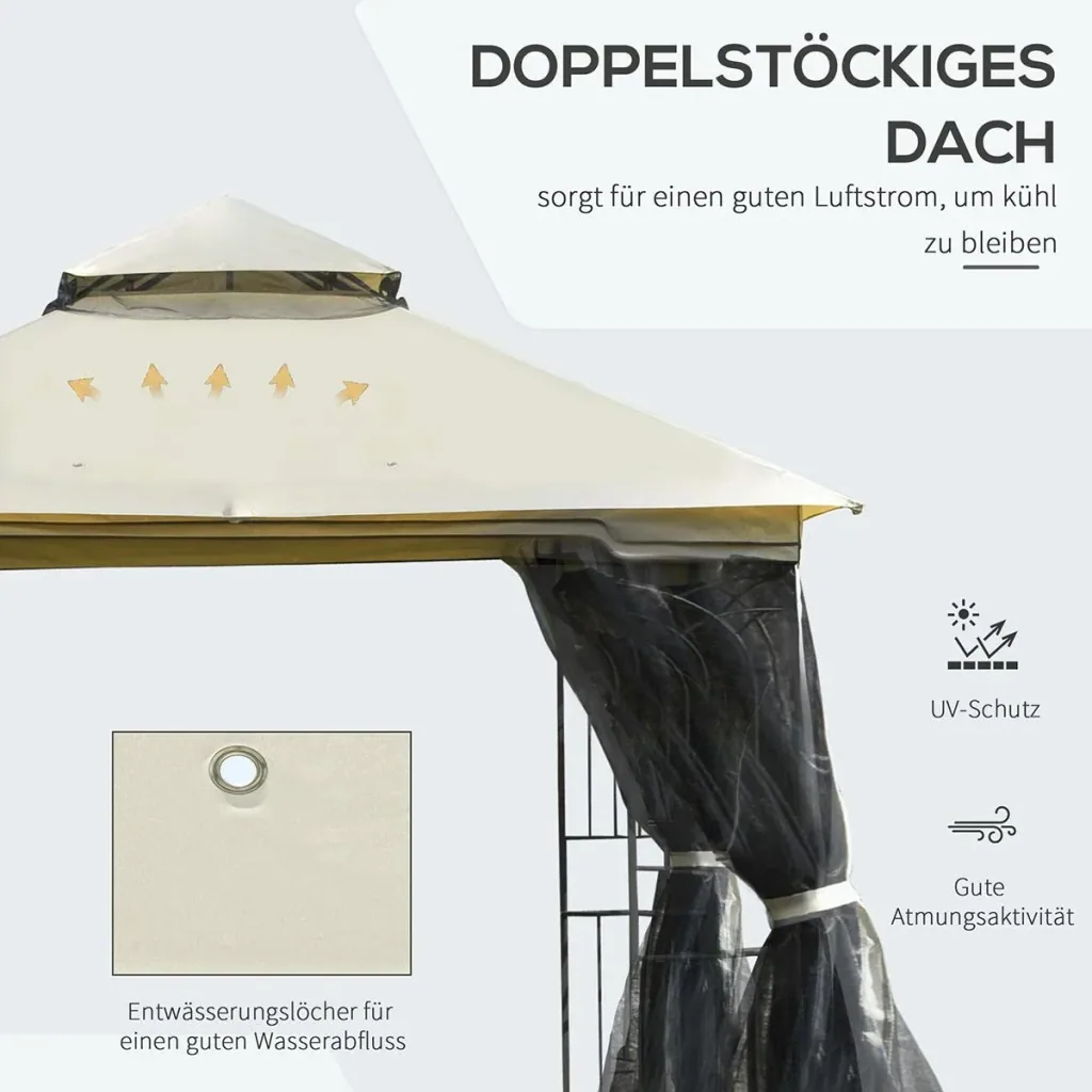 Gartenpavillon mit Doppeldach Pavillon Gartenzelt Festzelt Partyzelt mit 4 x Seitenwand Metall+Polyester Beige 3 x 3 x 2