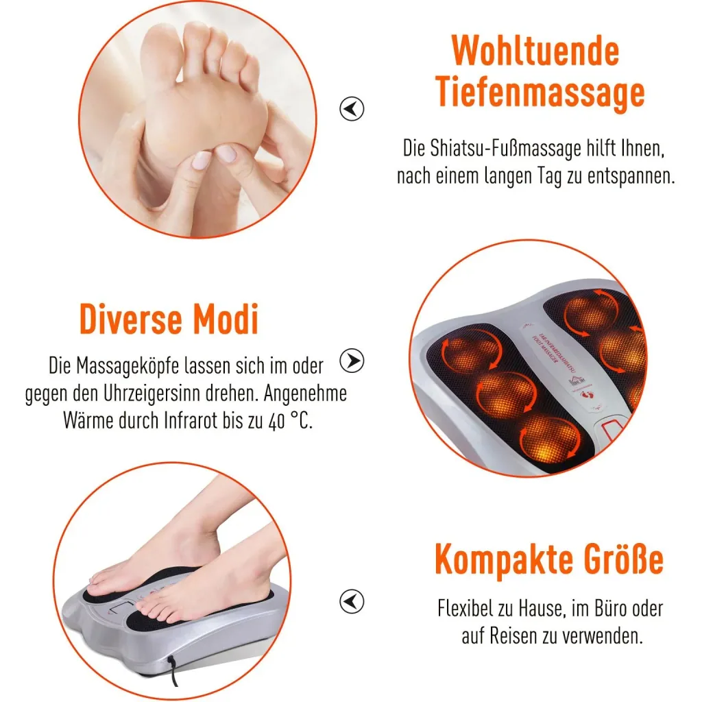 Shiatsu Fußmassagegerät Elektrisch Wärmefunktion Reflexzonenmassage Fußmassage 2 Modi Silber