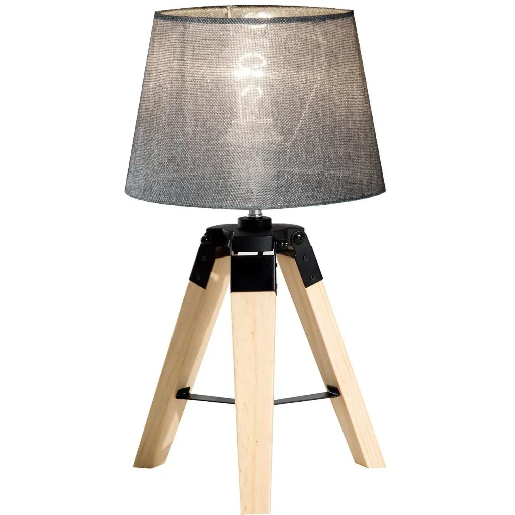 Tischlampe Dreibein Tischleuchte E27 Leinenoptik Kiefer Grau