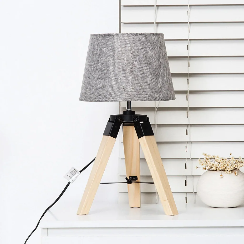 Tischlampe Dreibein Tischleuchte E27 Leinenoptik Kiefer Grau