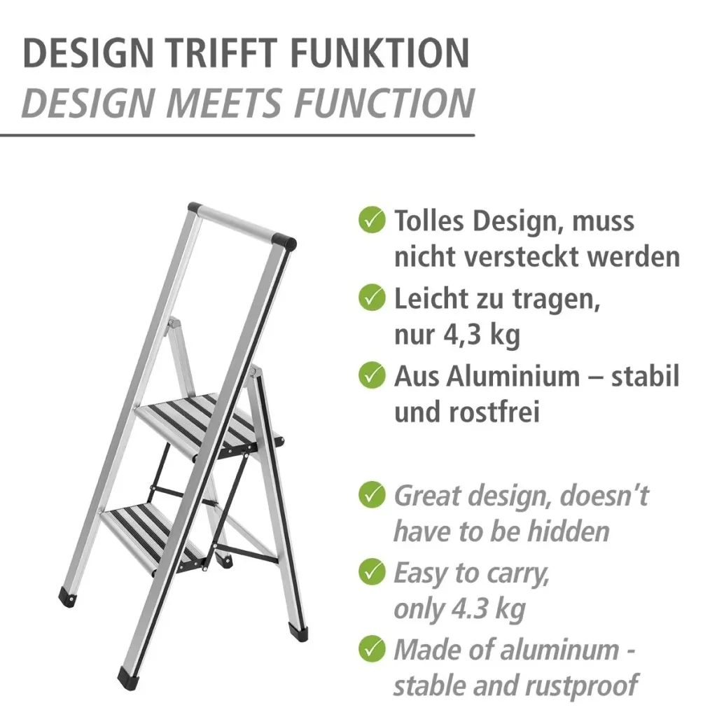 Alu-Design Klapptrittleiter 1-stufig Silber, rutschfeste Haushaltsleiter, Sicherheits-Stehleiter