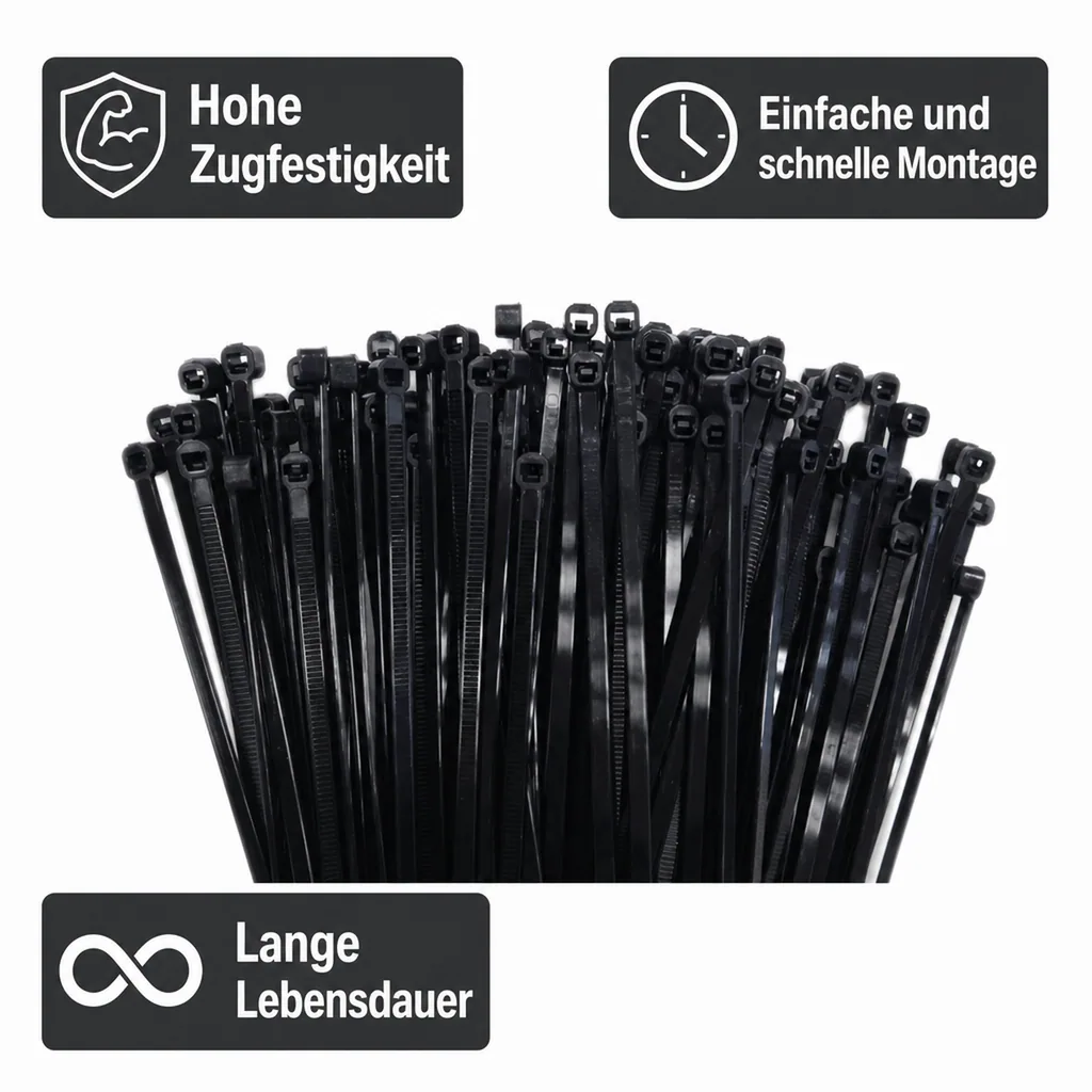 Kabelbinder schwarz, 100 Stk., 200x2,5mm, UV-beständig, Polyamid PA6.6