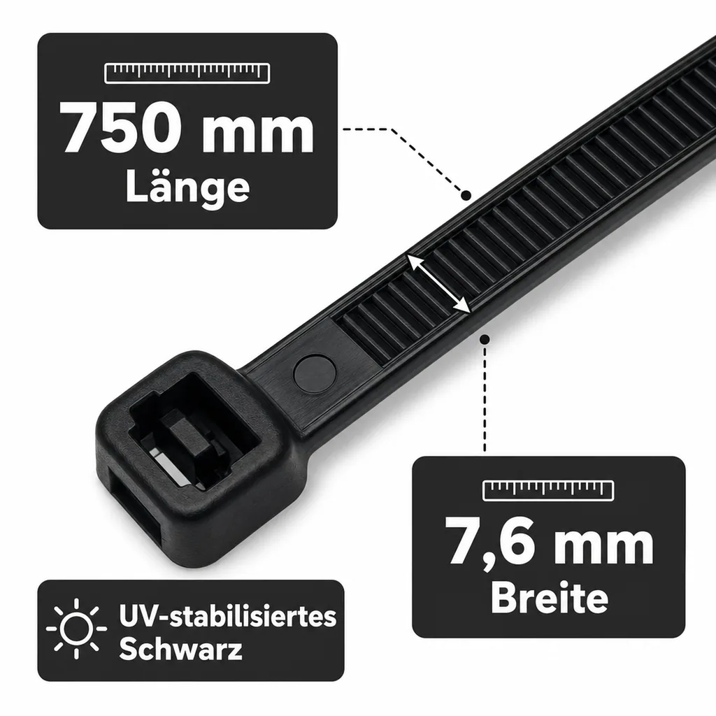 100 Kabelbinder 750x7,6mm schwarz (UV-stabilisiert) PA6.6