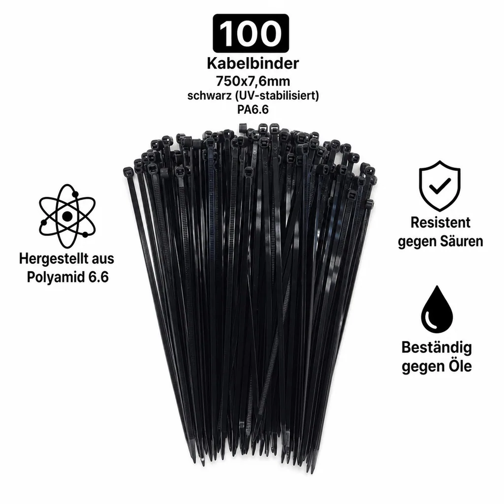 100 Kabelbinder 750x7,6mm schwarz (UV-stabilisiert) PA6.6