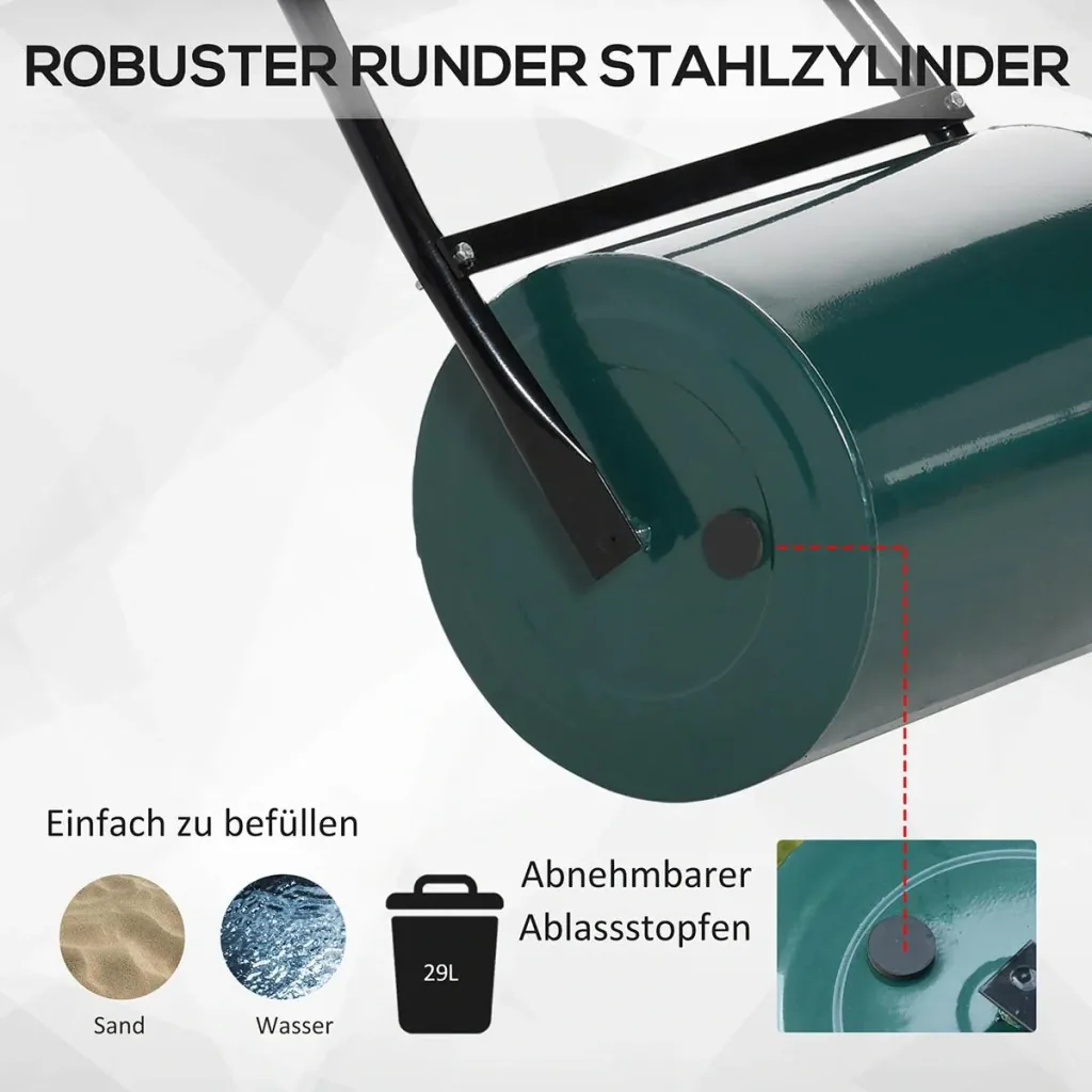 Rasenwalze mit U-Griff Gartenwalze Gartenrolle 30 cm Durchmesser 30 L Wasser-/Sandfüllung 41 cm Arbeitsbreite Metall Grü