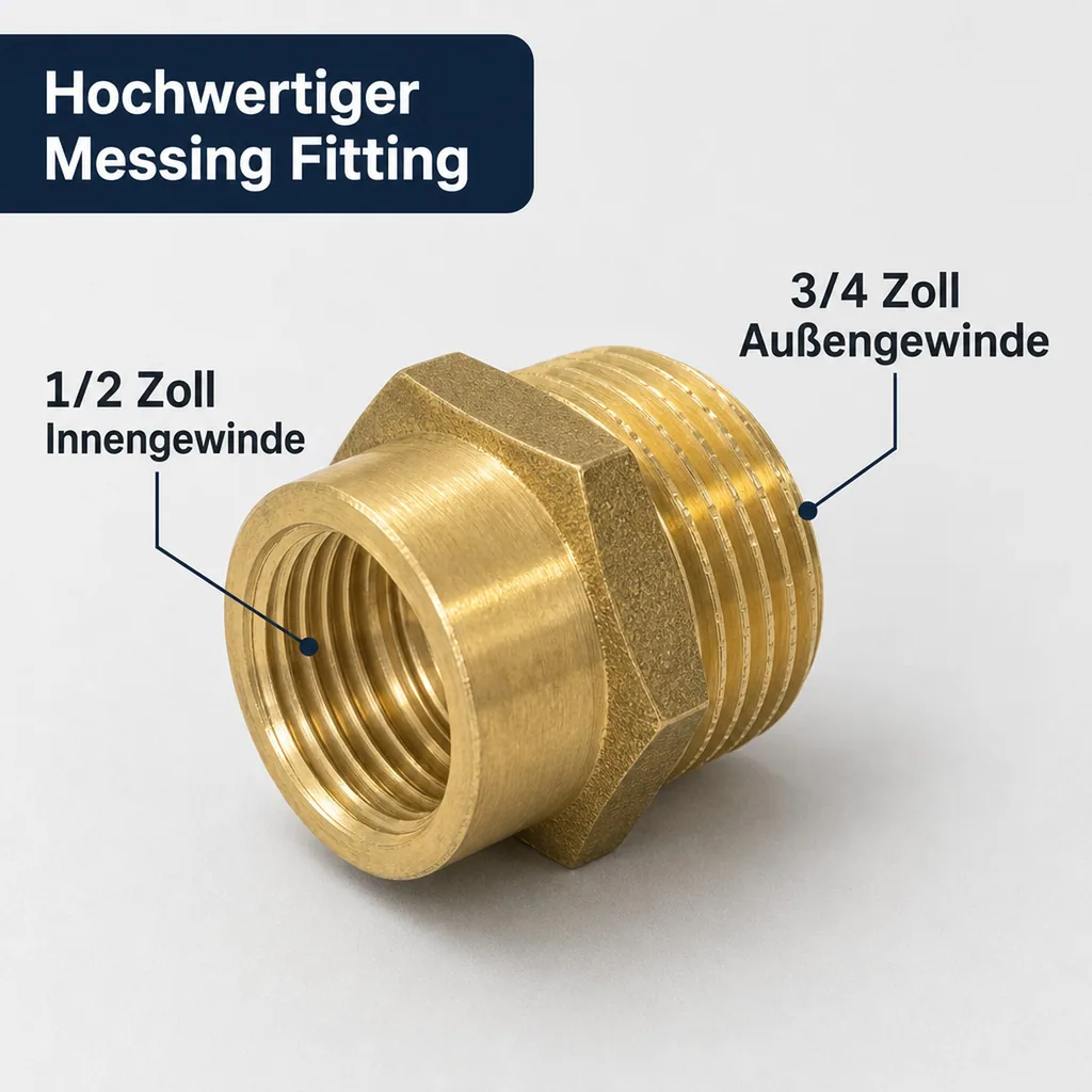 Messing Fitting, Doppelnippel reduziert, 1/2" IG x 3/4" AG, Gewindefitting Messing